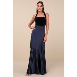 Lulus Mesmerizing Impression Navy Blue Mixed Media Halter Maxi Dress - Size XS